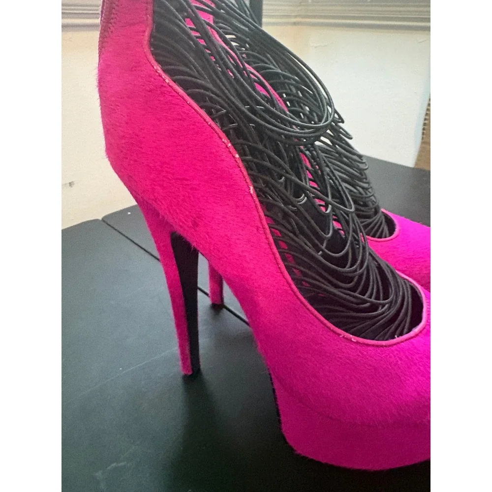 London Trash Hot Pink Pony Hair Platform Pumps Caged Multi Strap Stiletto Heels
